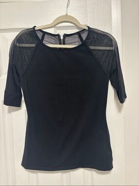 Express Black Short Sleeve Top with Sheer Mesh Shoulders